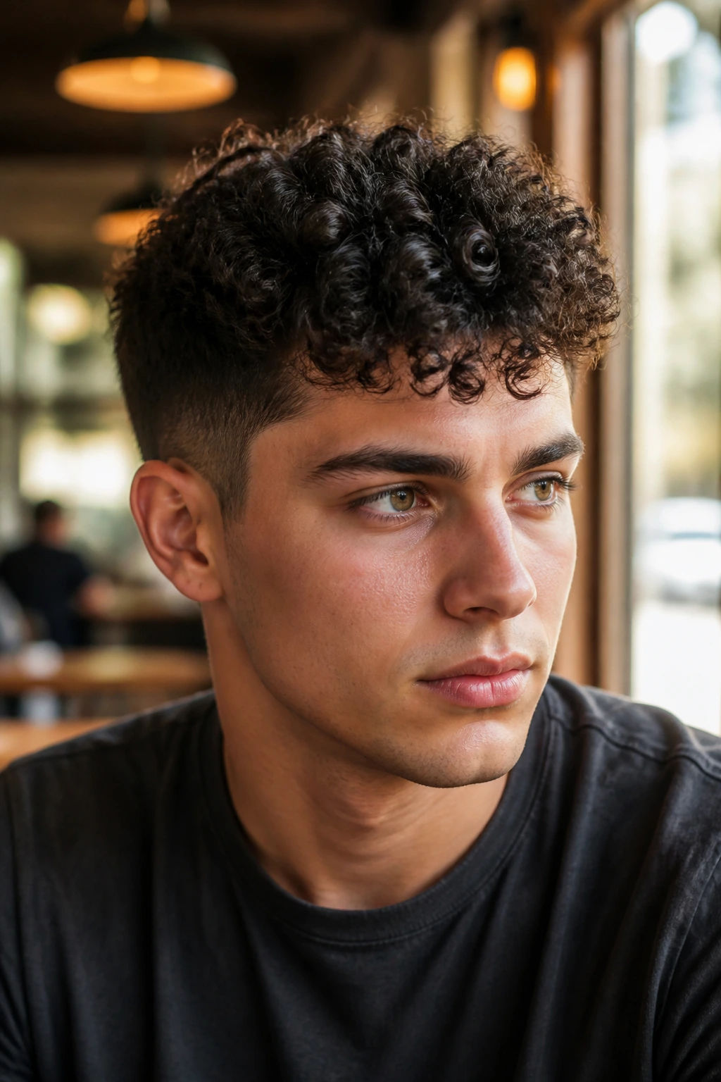 Close-up portrait of a man with curly spiky crop hairstyle