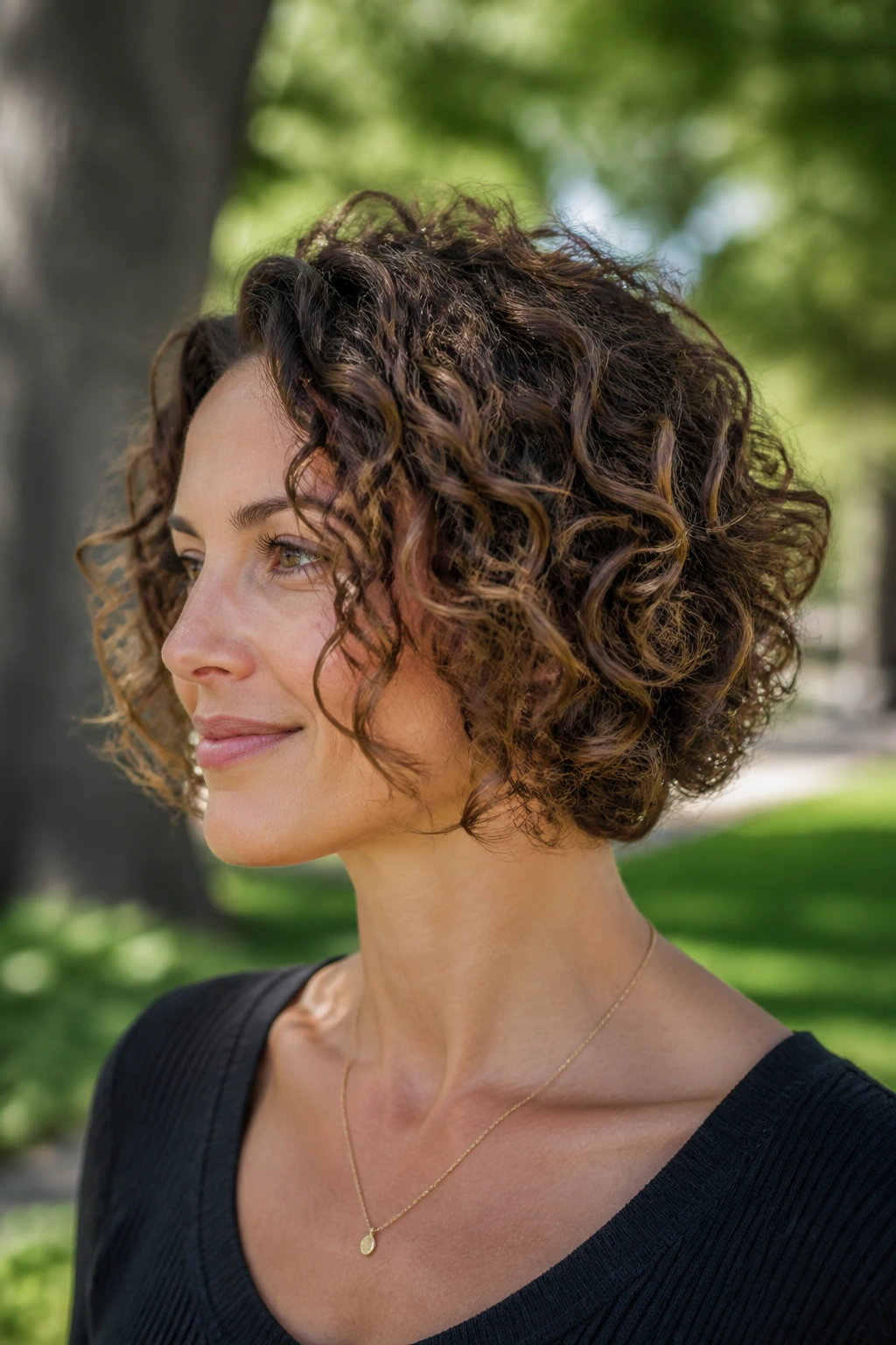 Real woman with curly stacked bob featuring lifted ends outdoors