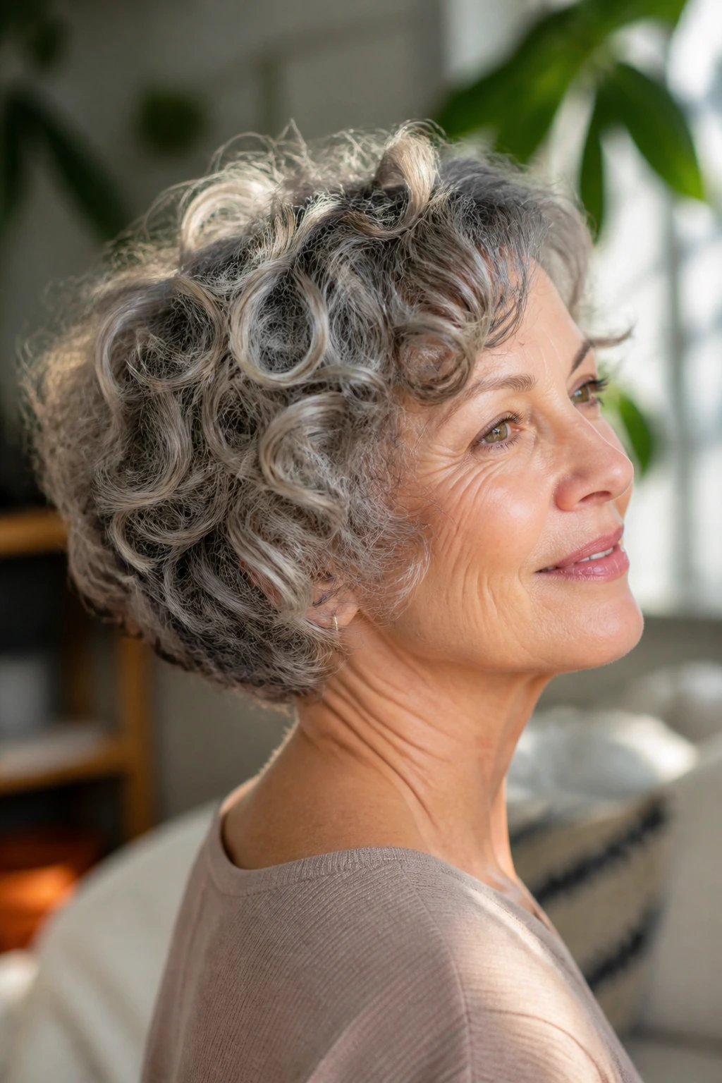 Close-up portrait of a real woman with curly stacked bob in sunlit corner