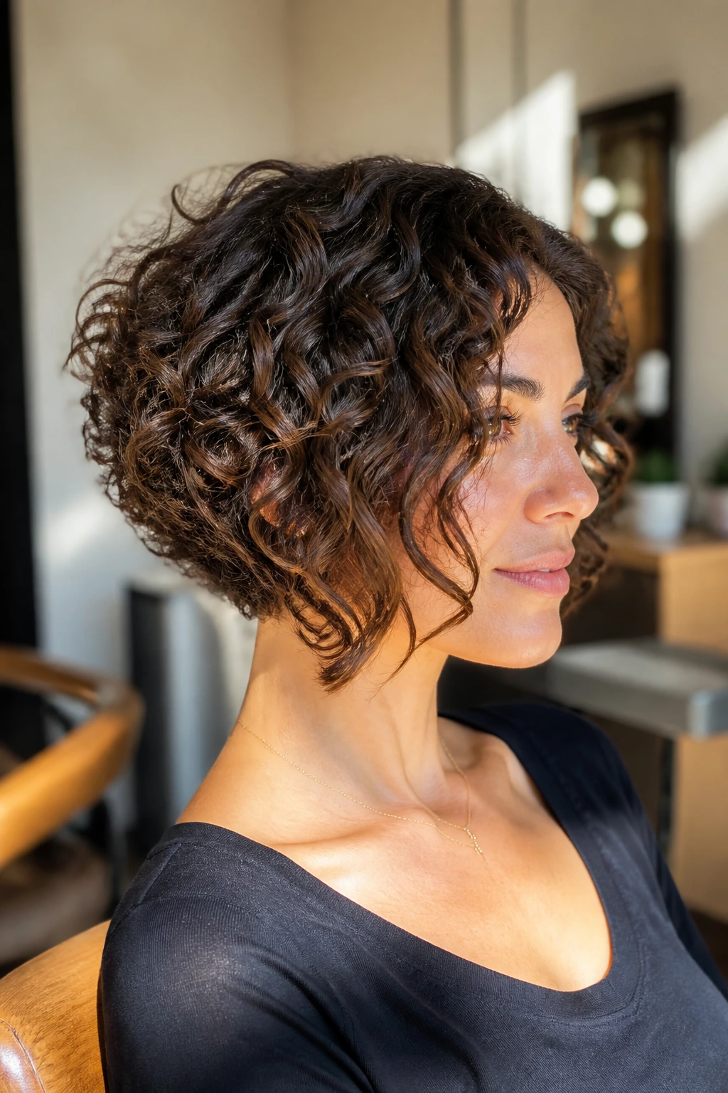 Close-up of a real woman with curly stacked bob showing defined curls at the nape