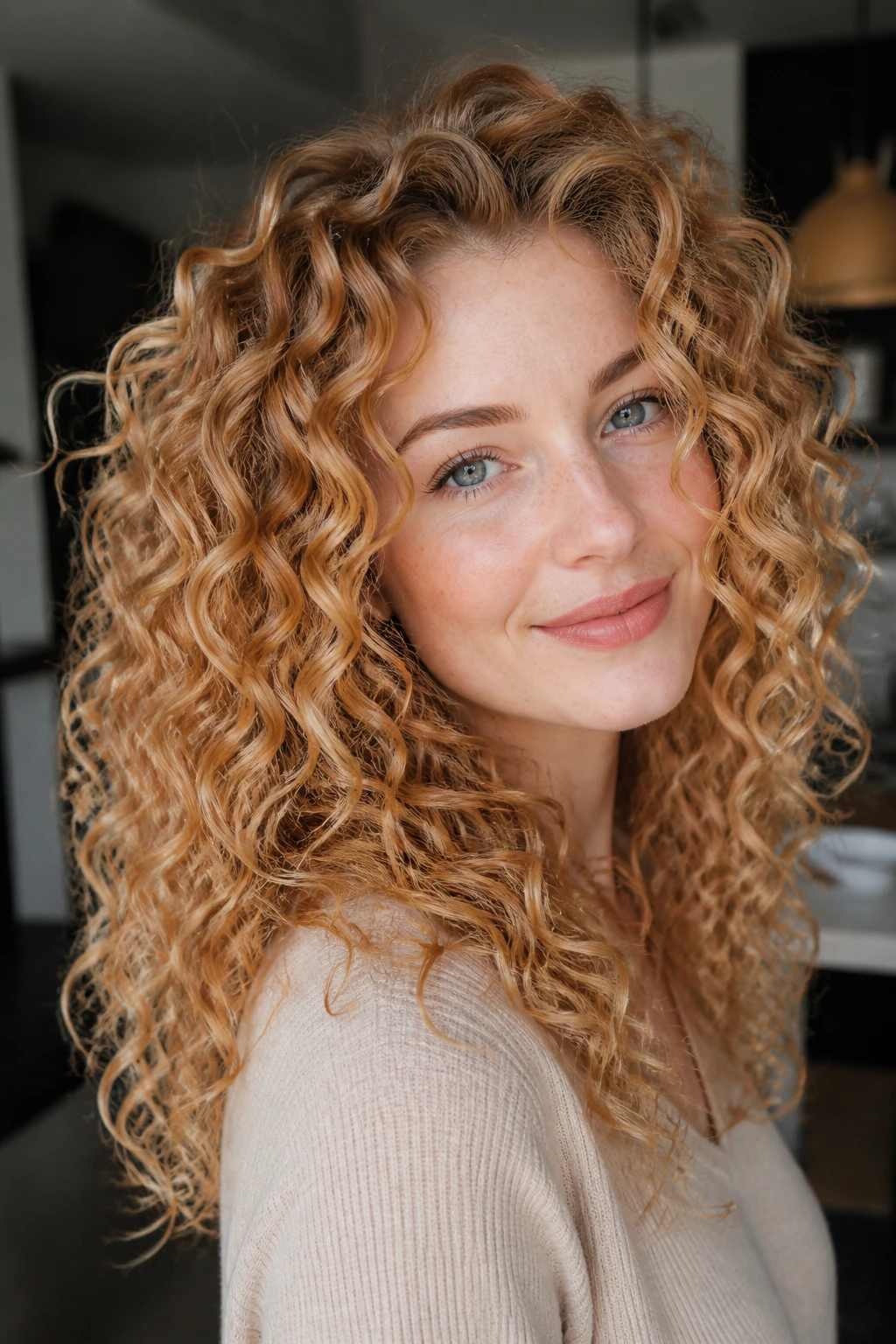 Close-up of real woman's curly strawberry-blonde hair with warm ribbons