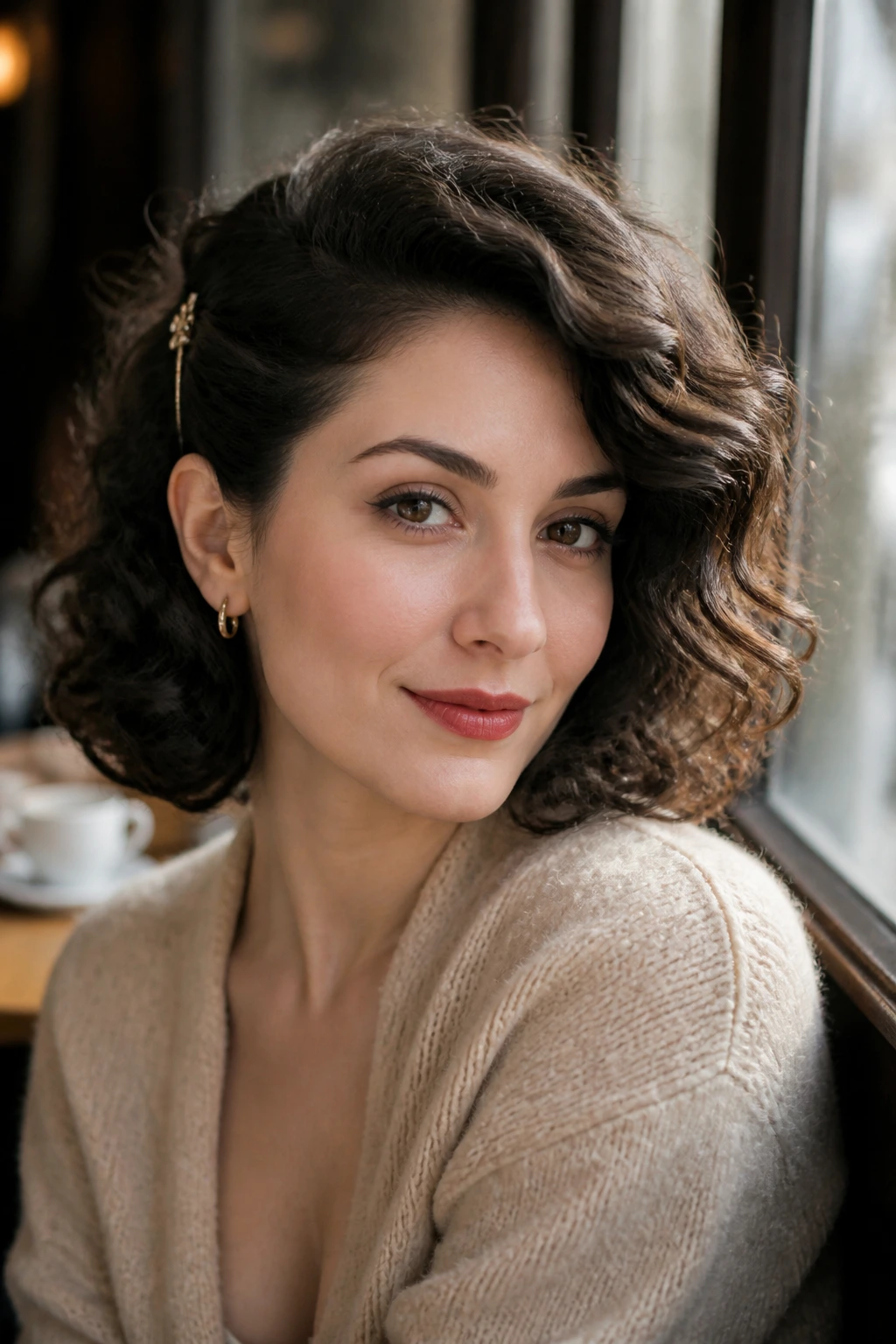 Close-up of a real woman with a curly sweep and one side tucked back hairstyle