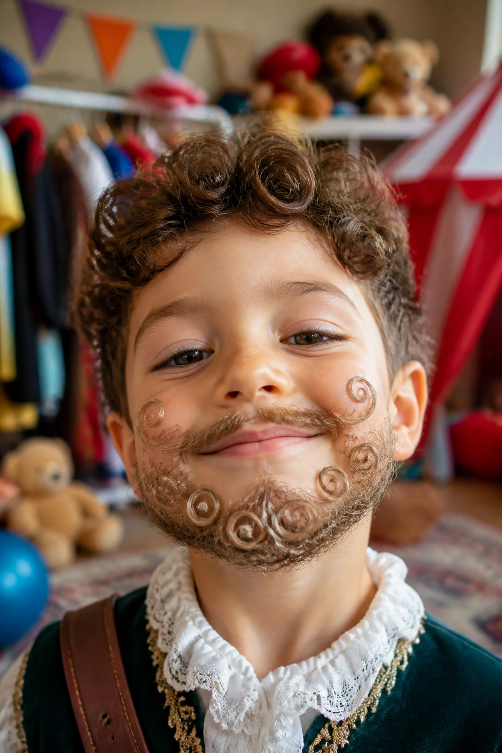 Child with curly swirl beard lines for fantasy look in a playroom