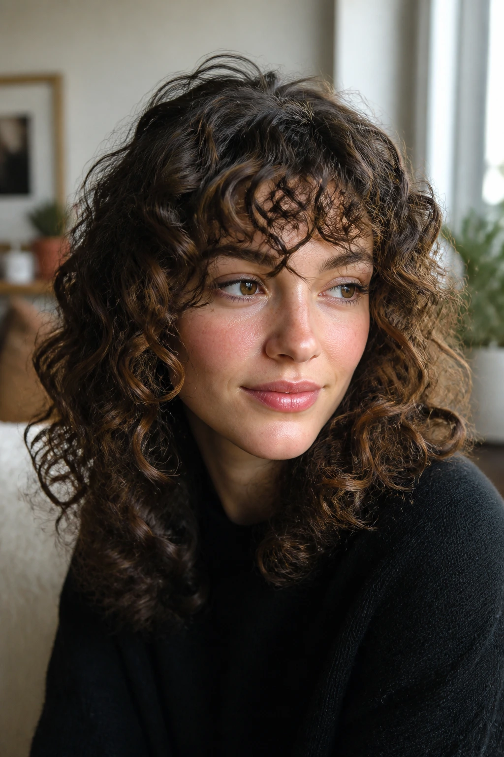 Close-up of a real woman wearing curly swoop fringe across the forehead