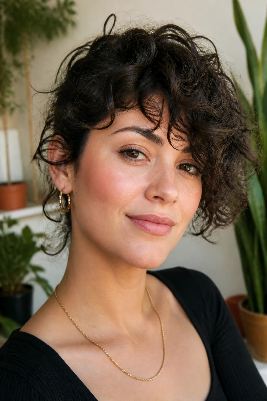 Close-up of a real person with curly swoopy fringe in a sunny interior