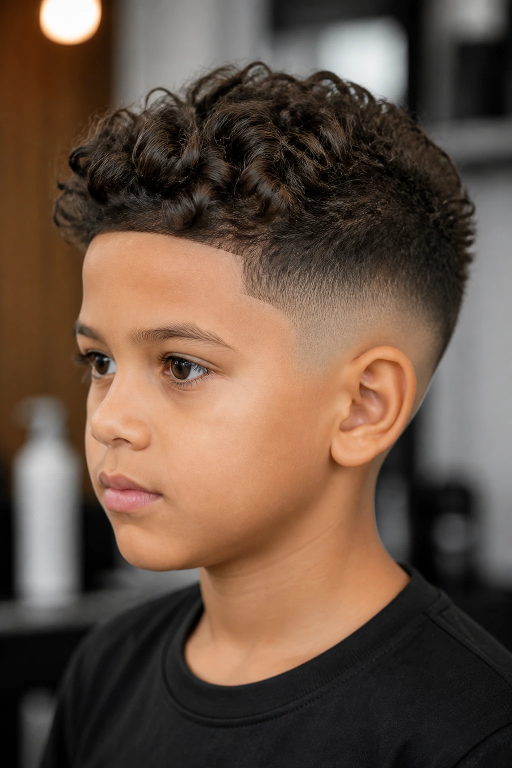 Close-up of a real boy with a curly taper fade.
