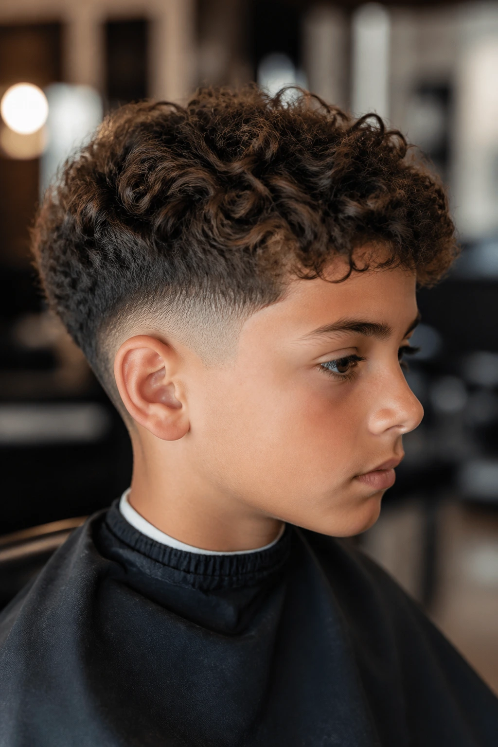 Boy with curly top and tapered sides in a barber chair