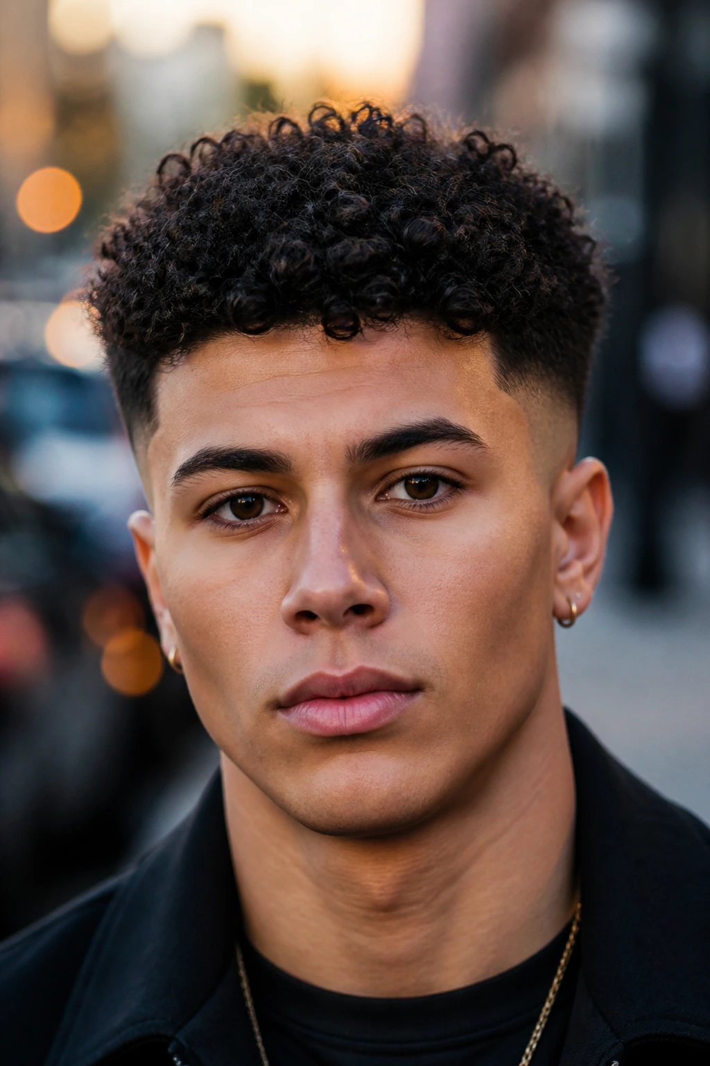 Portrait of man with Curly Taper Fade on urban street