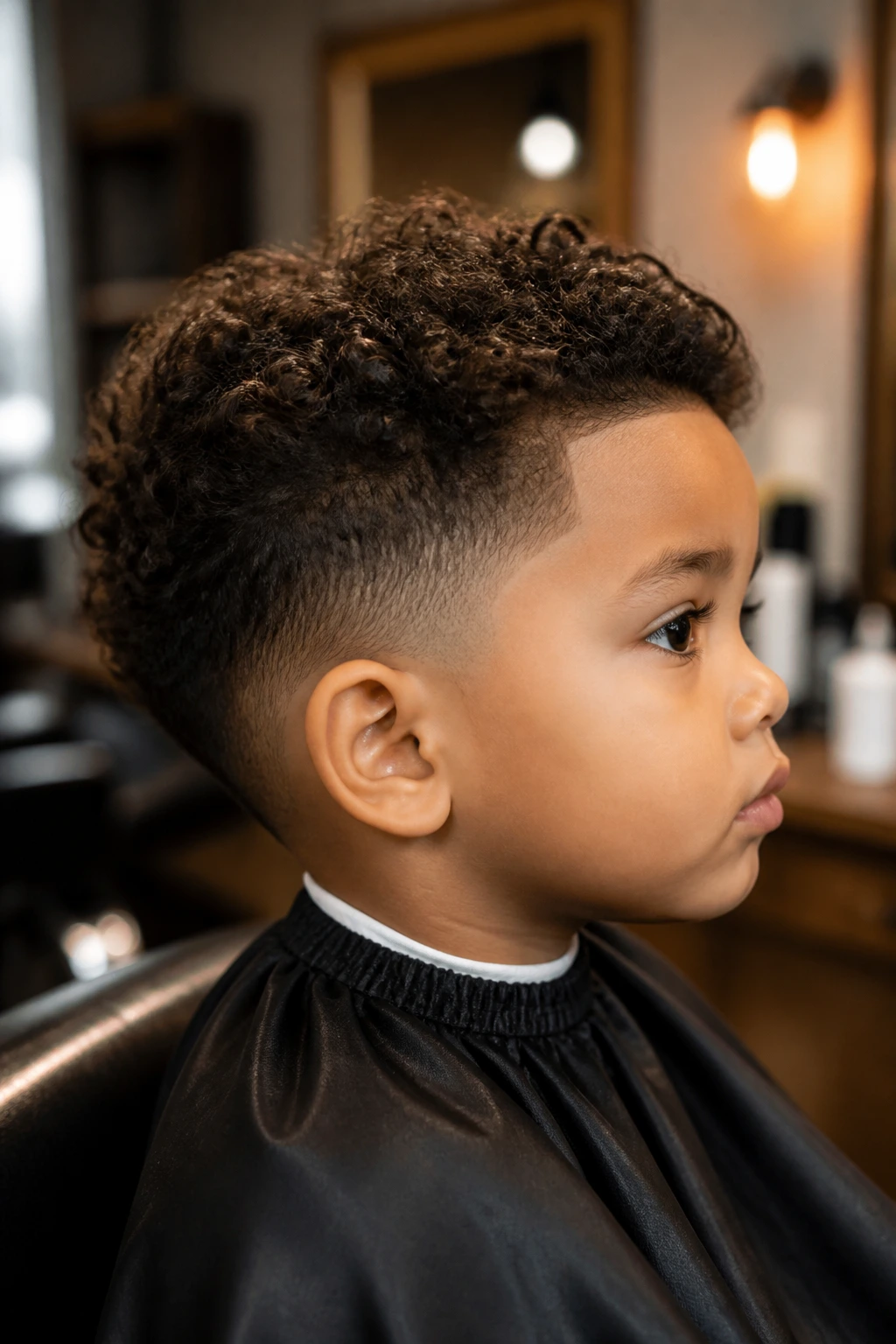 Toddler with curly taper fade in a home barber-chair setting