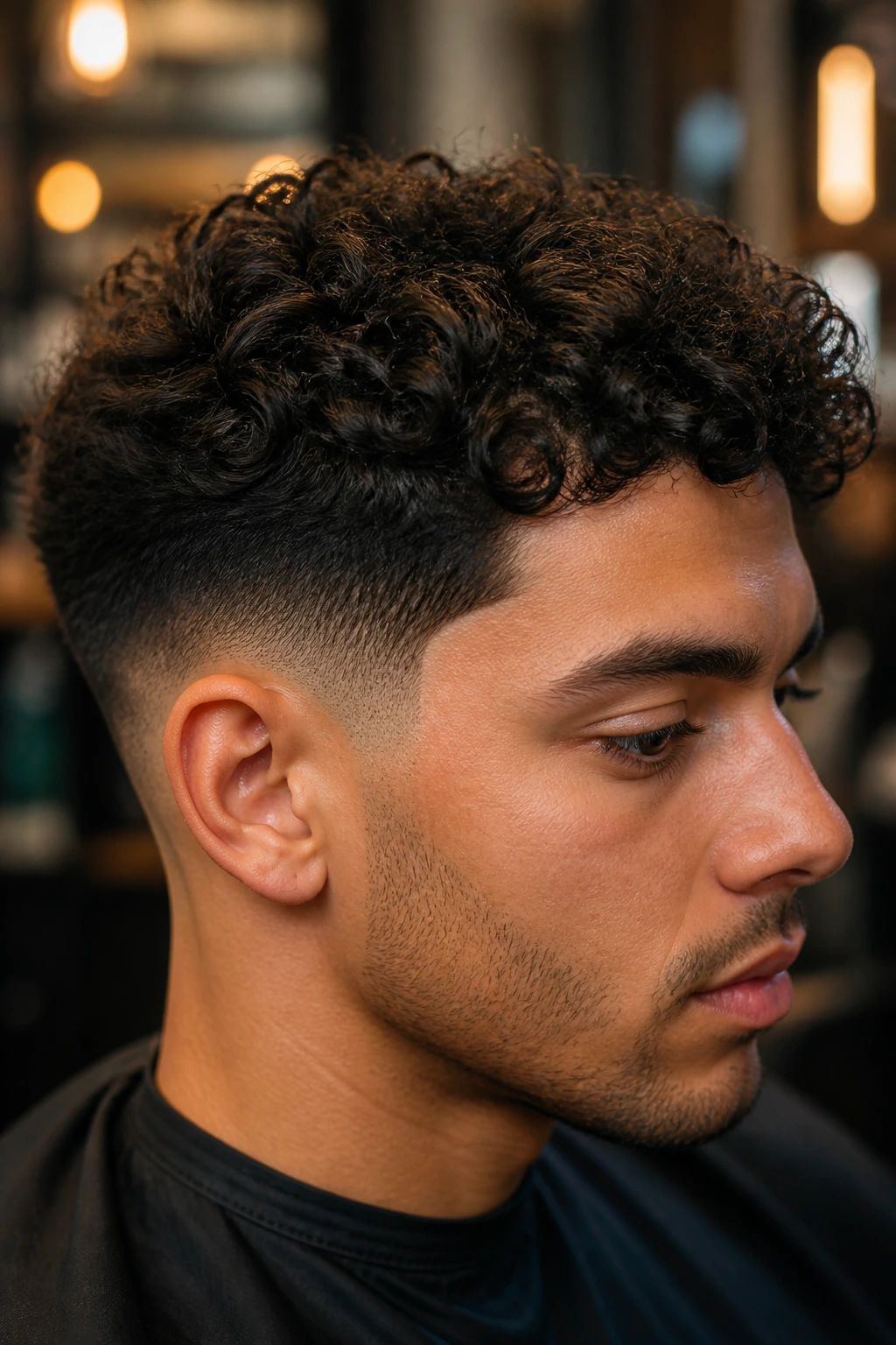 Portrait of a man with curly top and tapered sides showing a variation of taper haircut