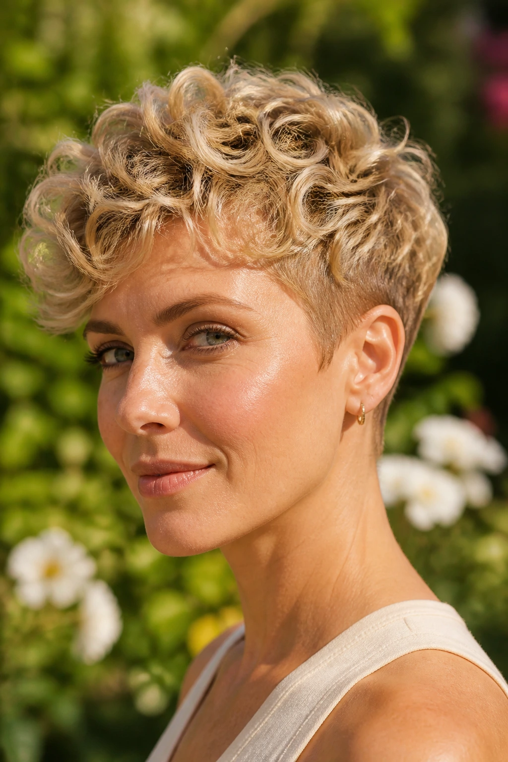 Close-up of curly tapered blonde pixie with defined curls