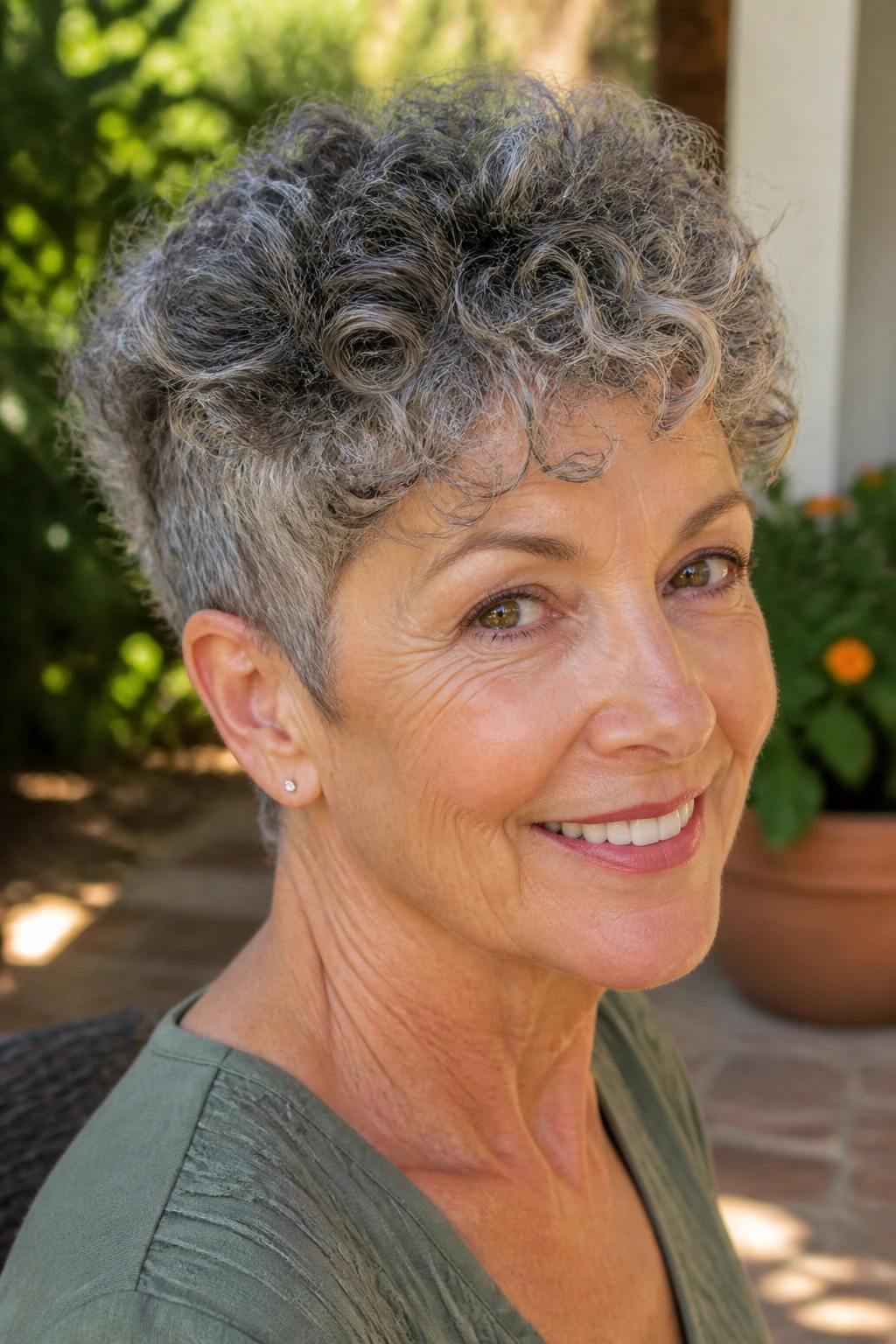 Close-up portrait of a real woman with a curly tapered crop under sunny garden light.