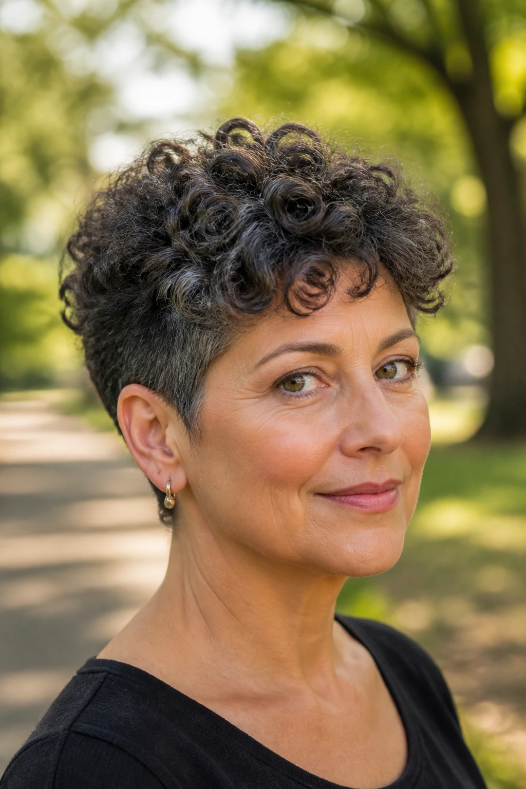 Close-up of a real woman with a curly tapered cut