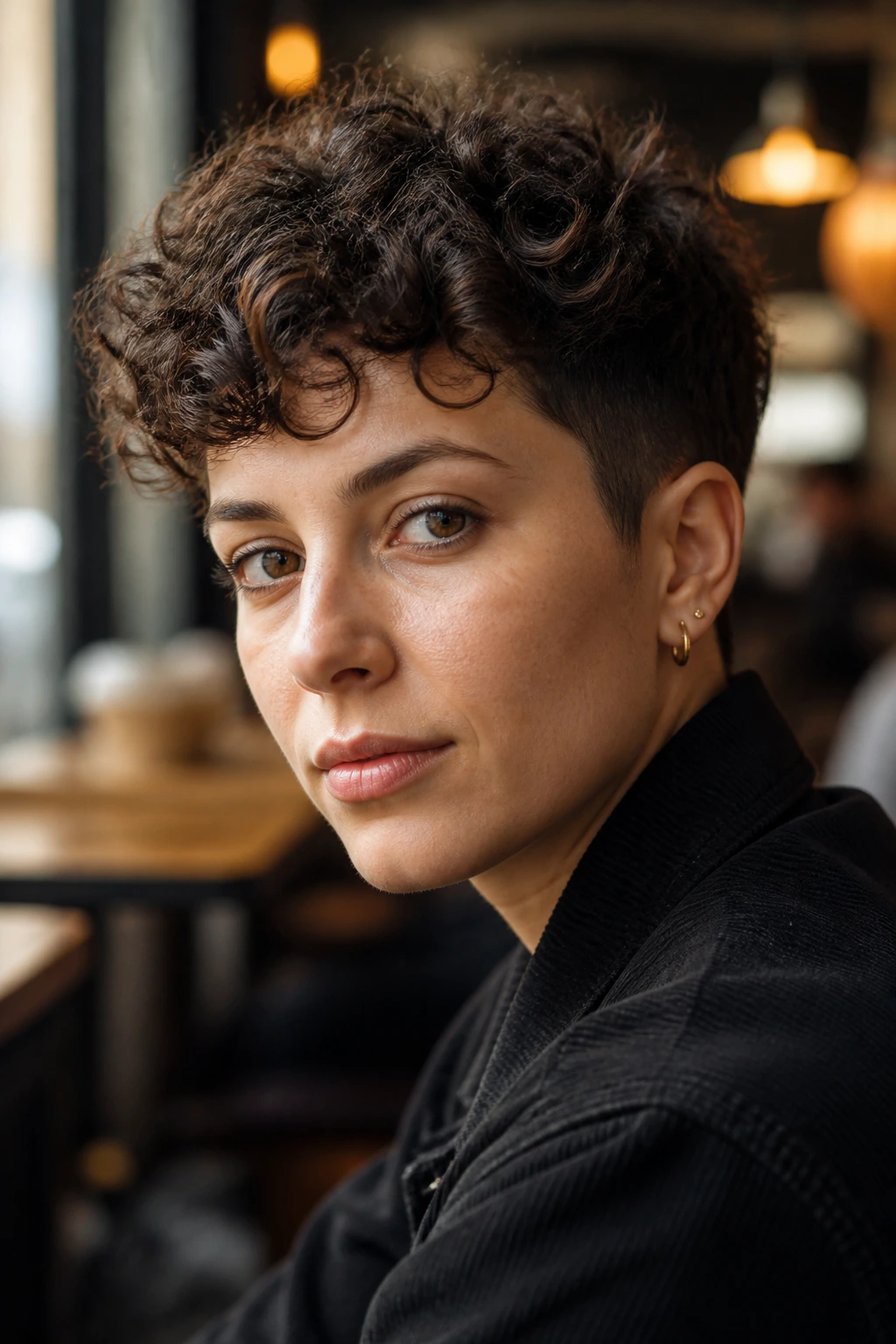 Close-up portrait of a real person with a curly tapered cut showing tapered sides and full curls
