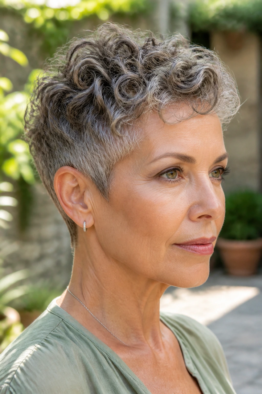Close-up portrait of a real woman with curly tapered pixie and defined curls