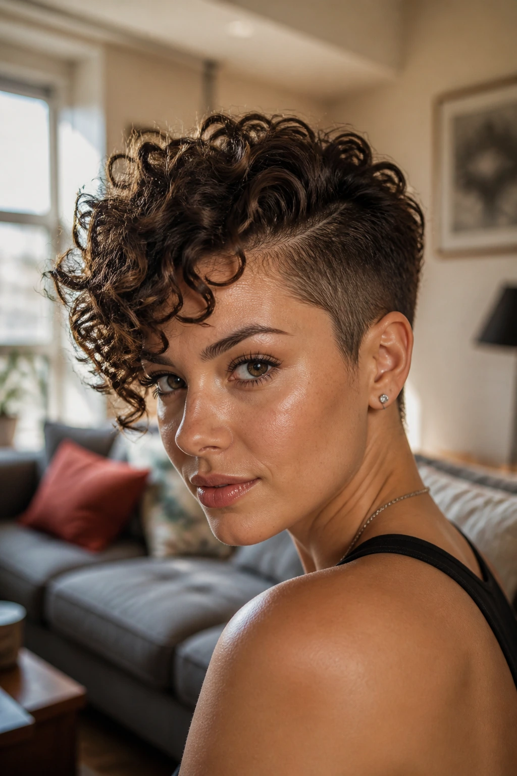 Close-up of a real woman with a curly tapered pixie showing springy curls and tapered sides.