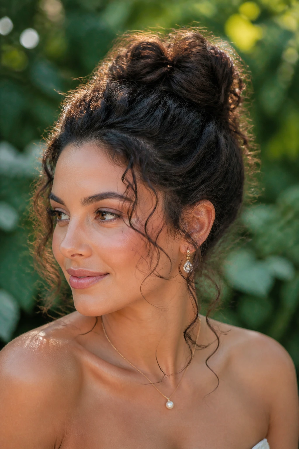 Close-up of a real woman with curly tendril bun and free curls around face