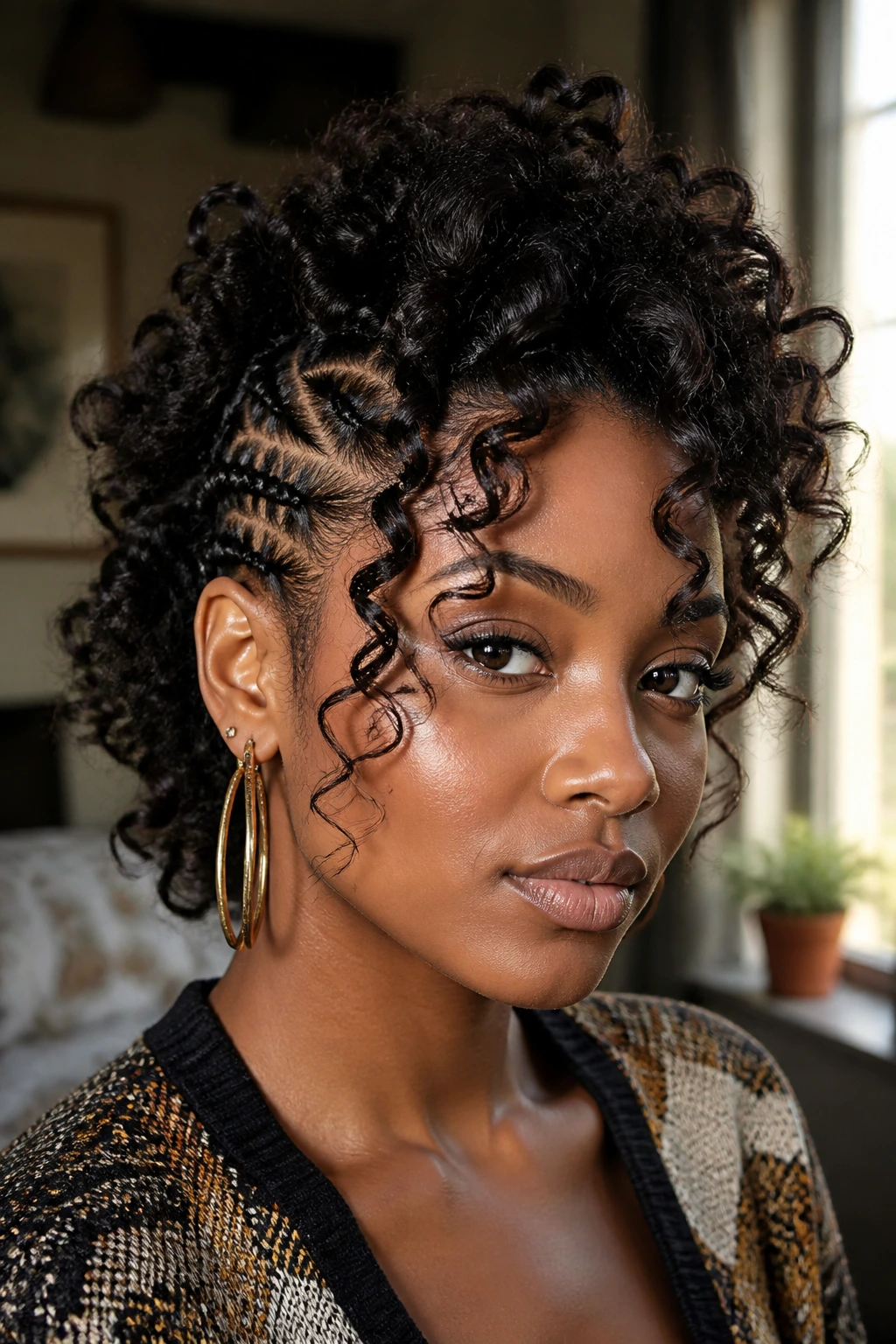 Portrait of real person with curly tendril crown mohawk framing the face