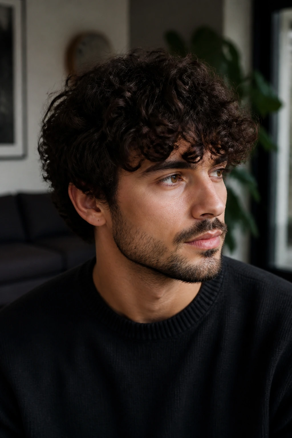 Man with curly textured fringe in a stylish indoor setting