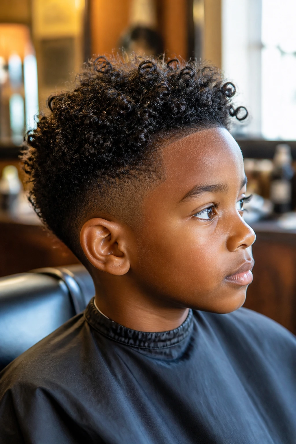 Close-up of a real Black boy showing curly texture and crown pattern