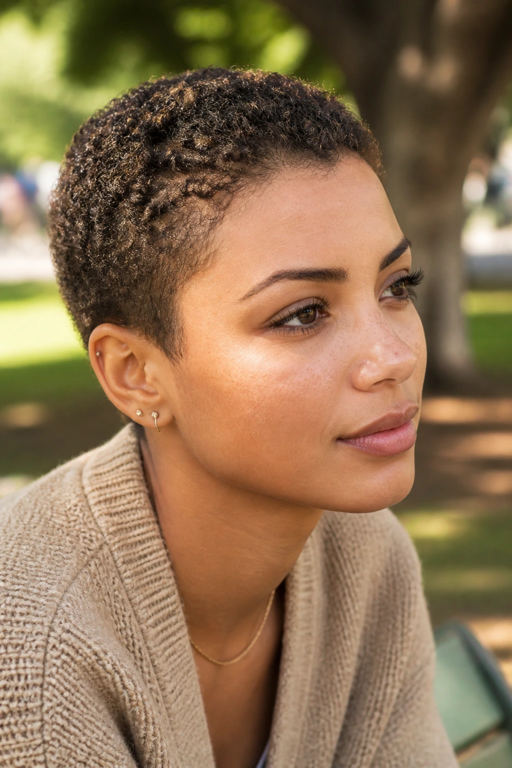 Close-up of a real woman with curly texture buzz showing defined curls