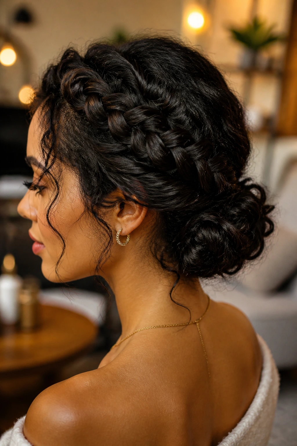 Close-up of curly textured hair with braided crown and low knot
