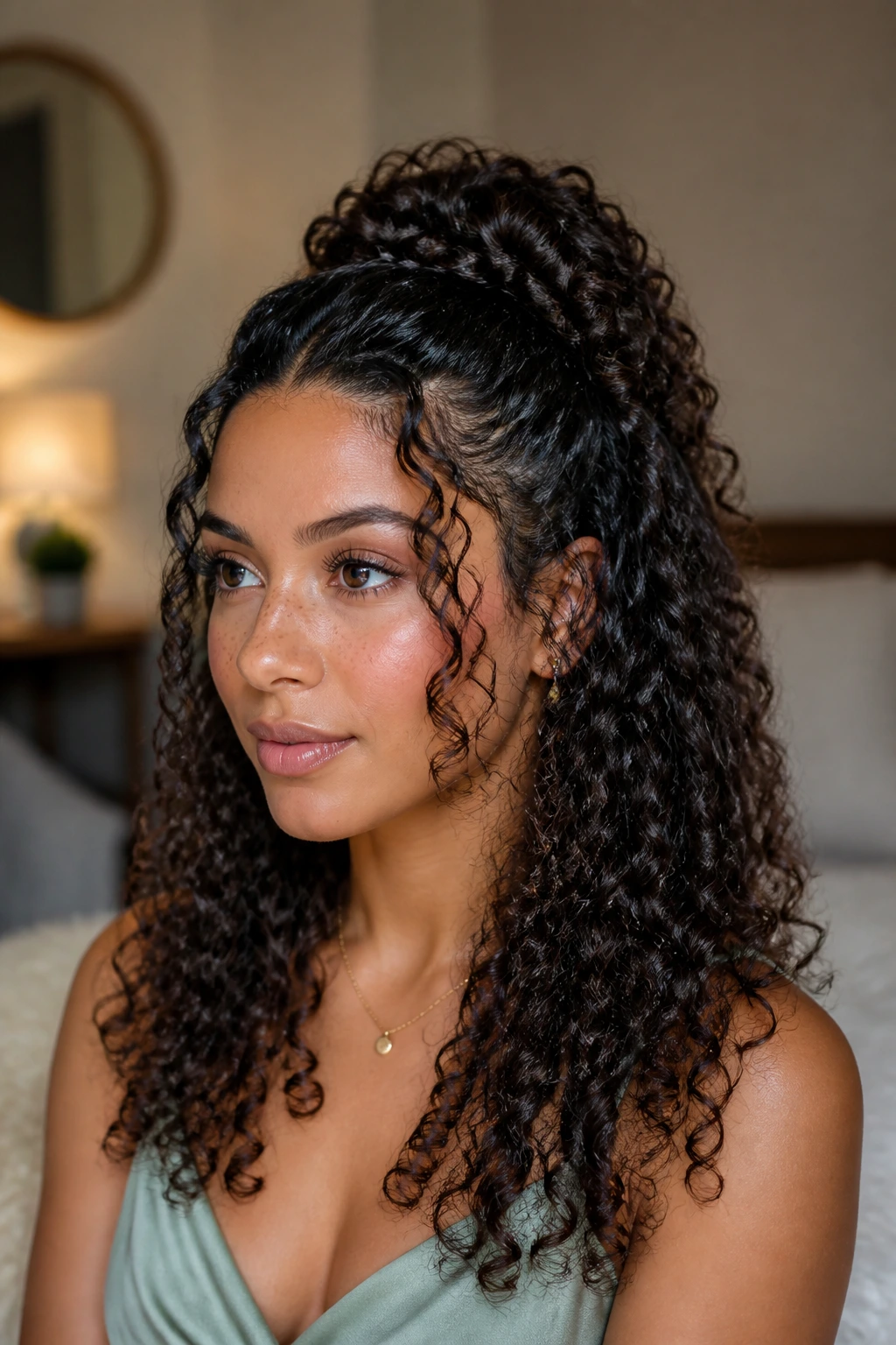 Close-up of real woman with curly texture half-up hairstyle