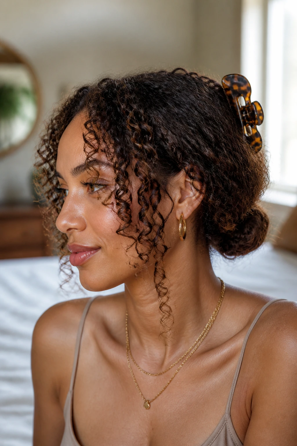 Close-up of a real woman with curly-texture hair in a claw-clip twist and low chignon