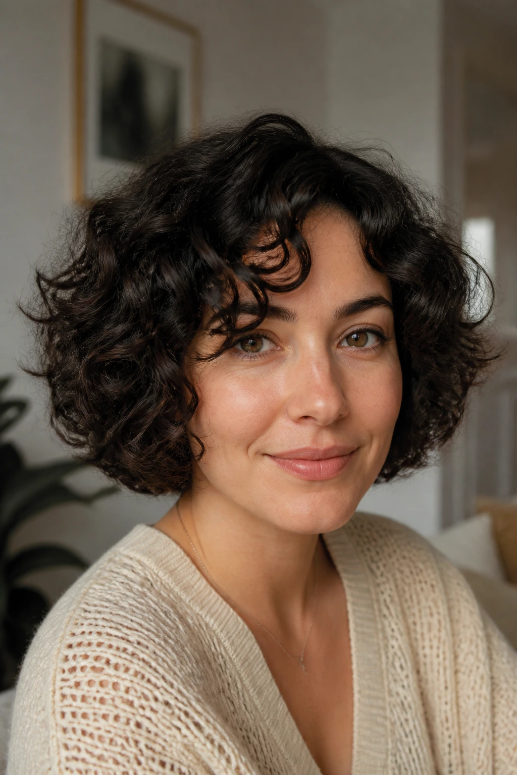 Close-up portrait of a real woman with curly textured bob under natural window light