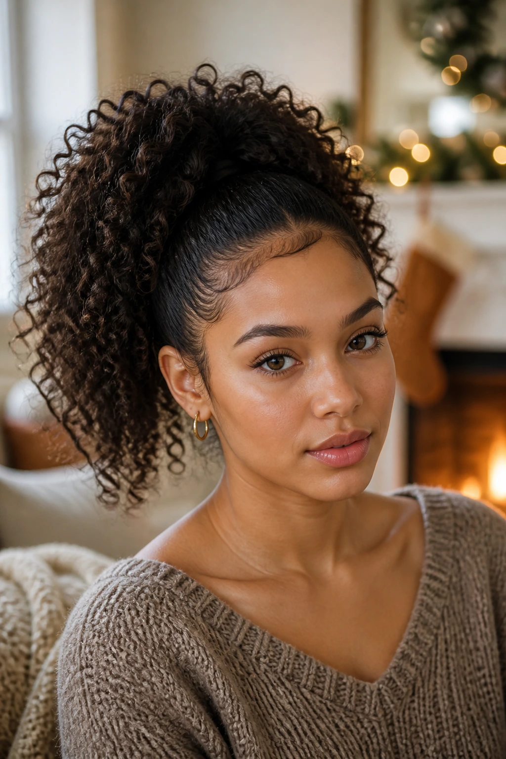 Close-up of a real woman with curly textured ponytail in warm holiday light