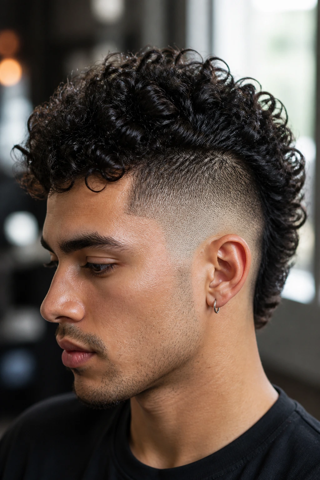 Close-up of a man with curly thick-hair mohawk and tight sides.