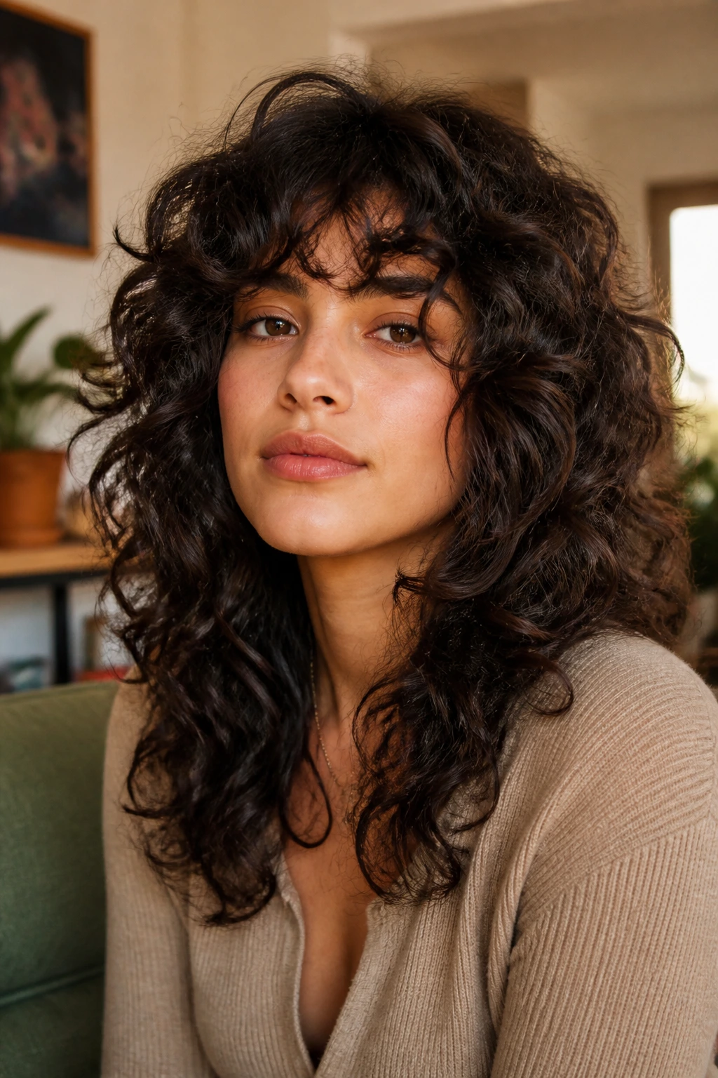 Portrait of a real person with Curly Thick-Hair Shag showing natural curls