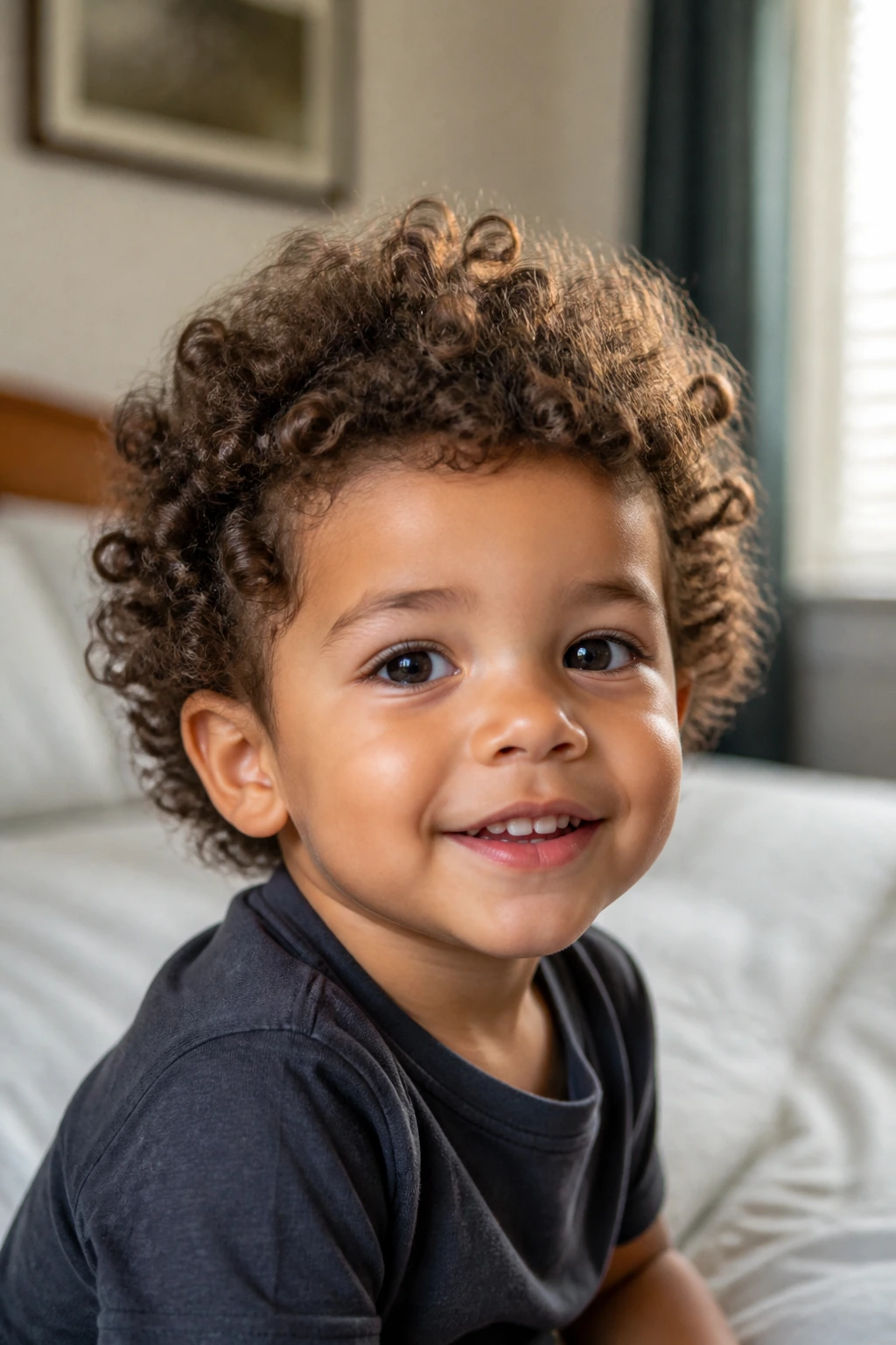 Portrait of a toddler showing shaped curly hair to illustrate the importance of form over force.