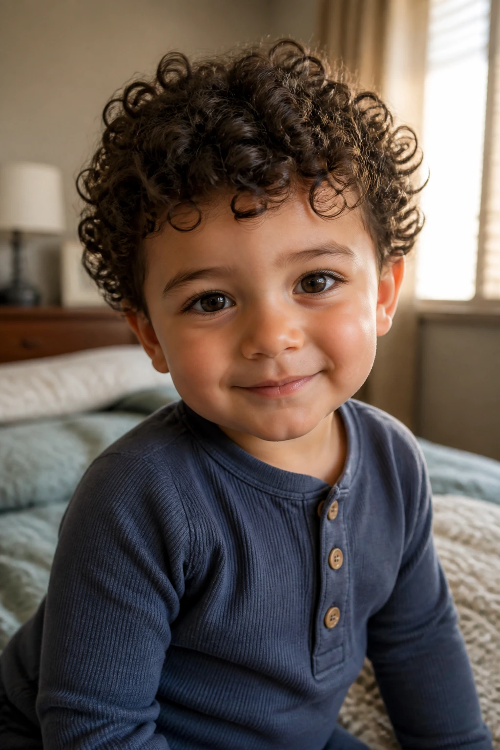 Close-up portrait of a toddler boy with soft curly hair in a cozy bedroom