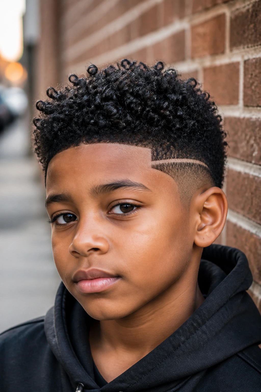 Close-up of a real Black boy with a curly top and a design line on the fade outdoors.