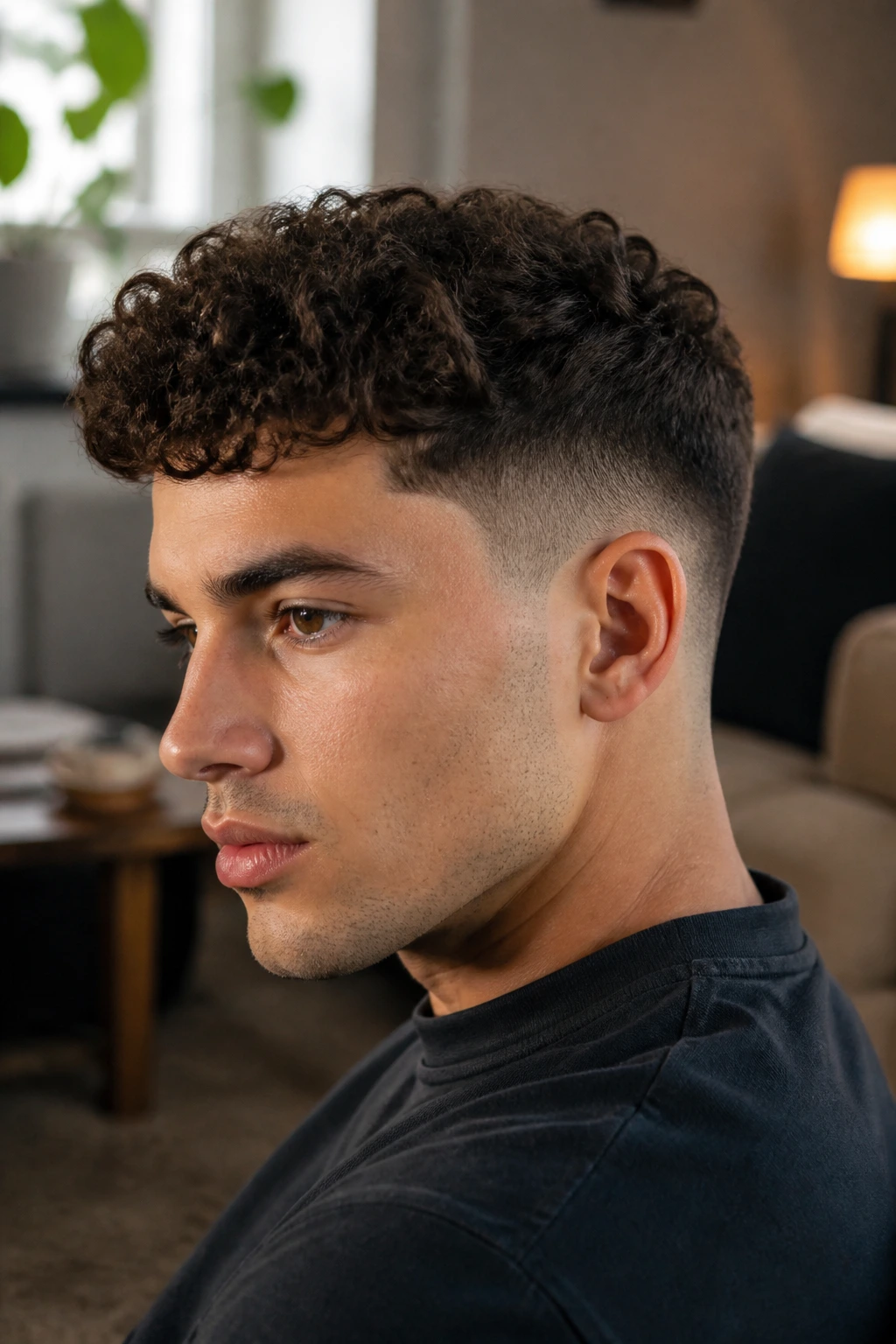 Portrait of a person with curly top and tight fade