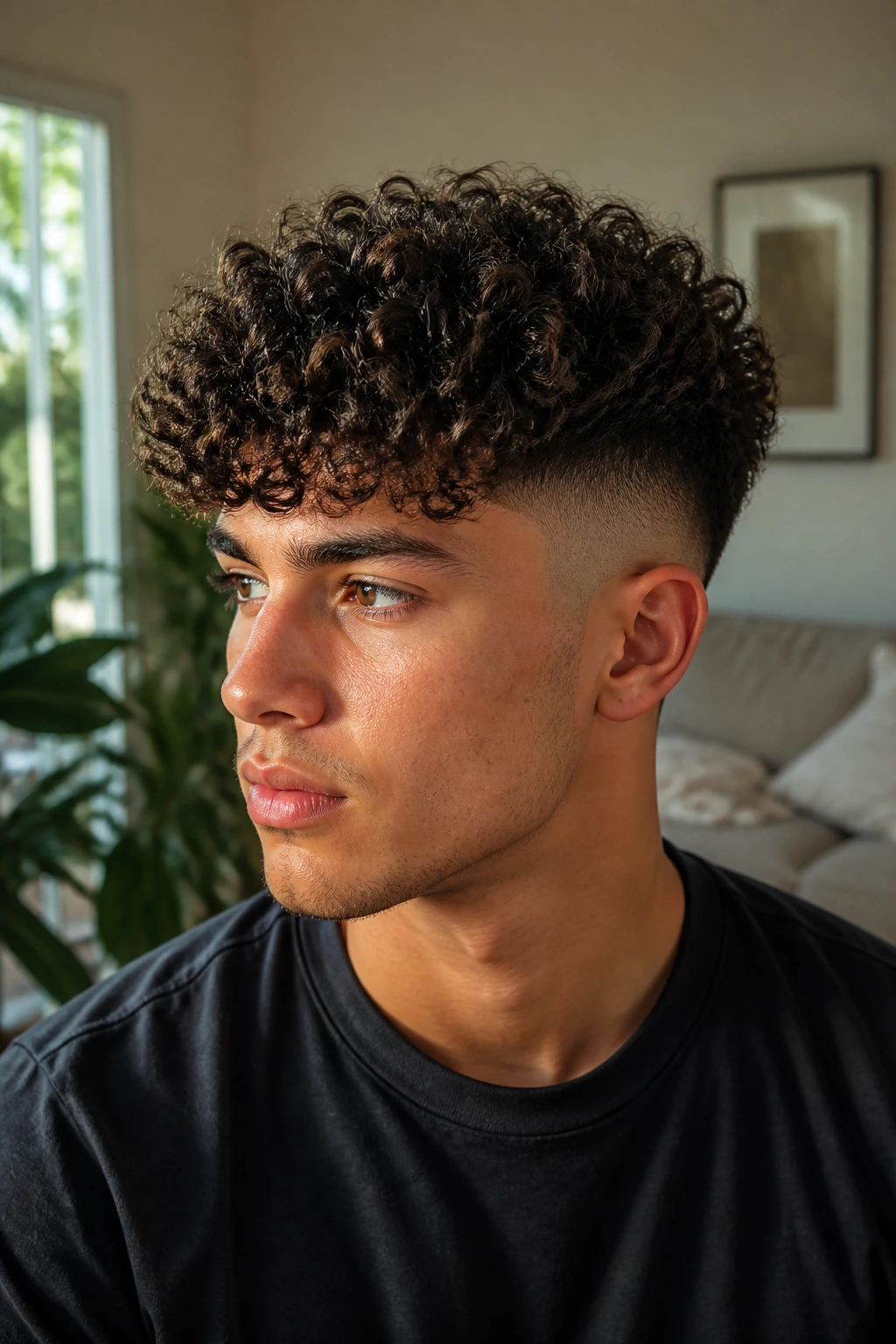Close-up portrait of a man with curly top fade in a sunlit living room