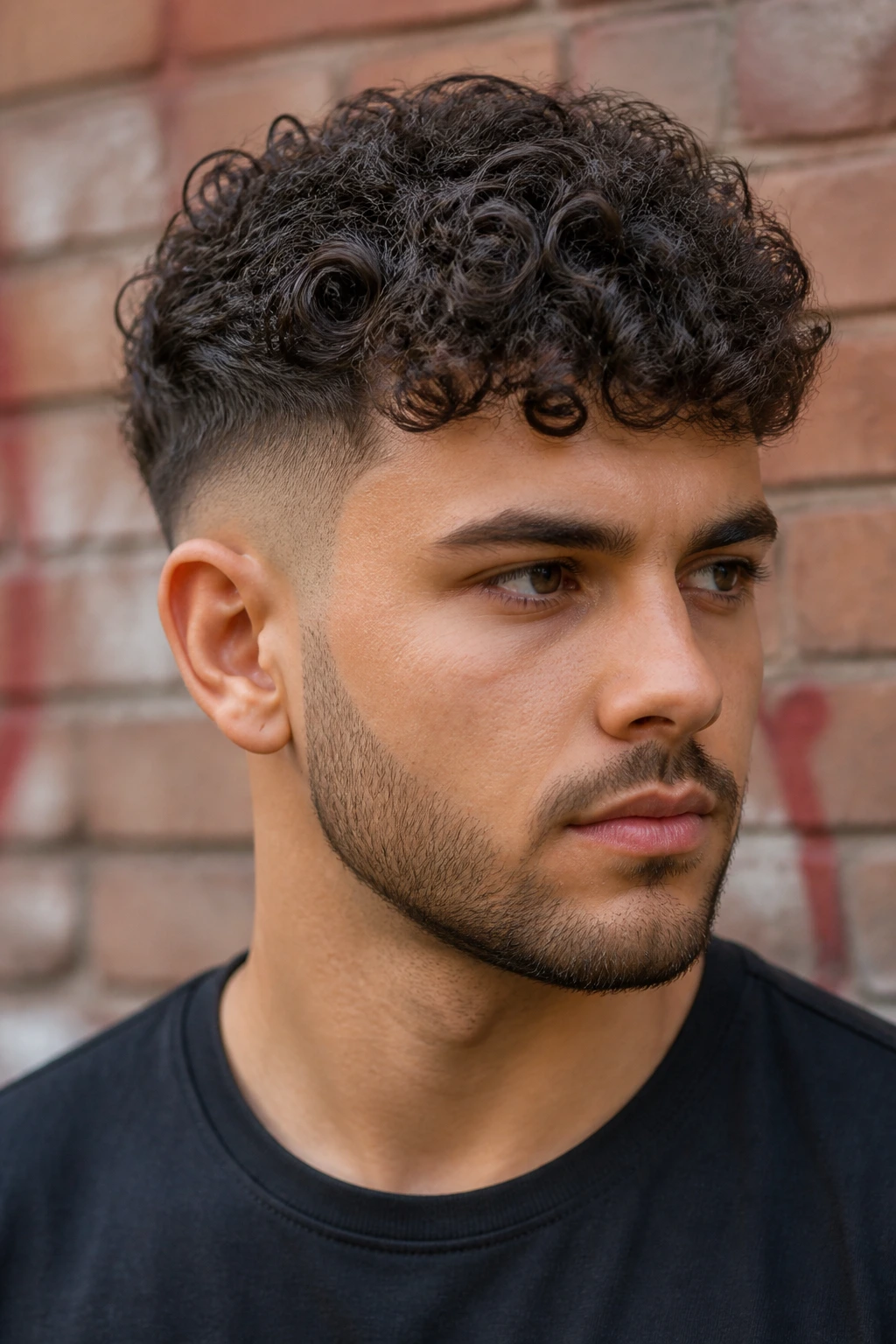 Close-up of a man with curly top fade showing defined curls