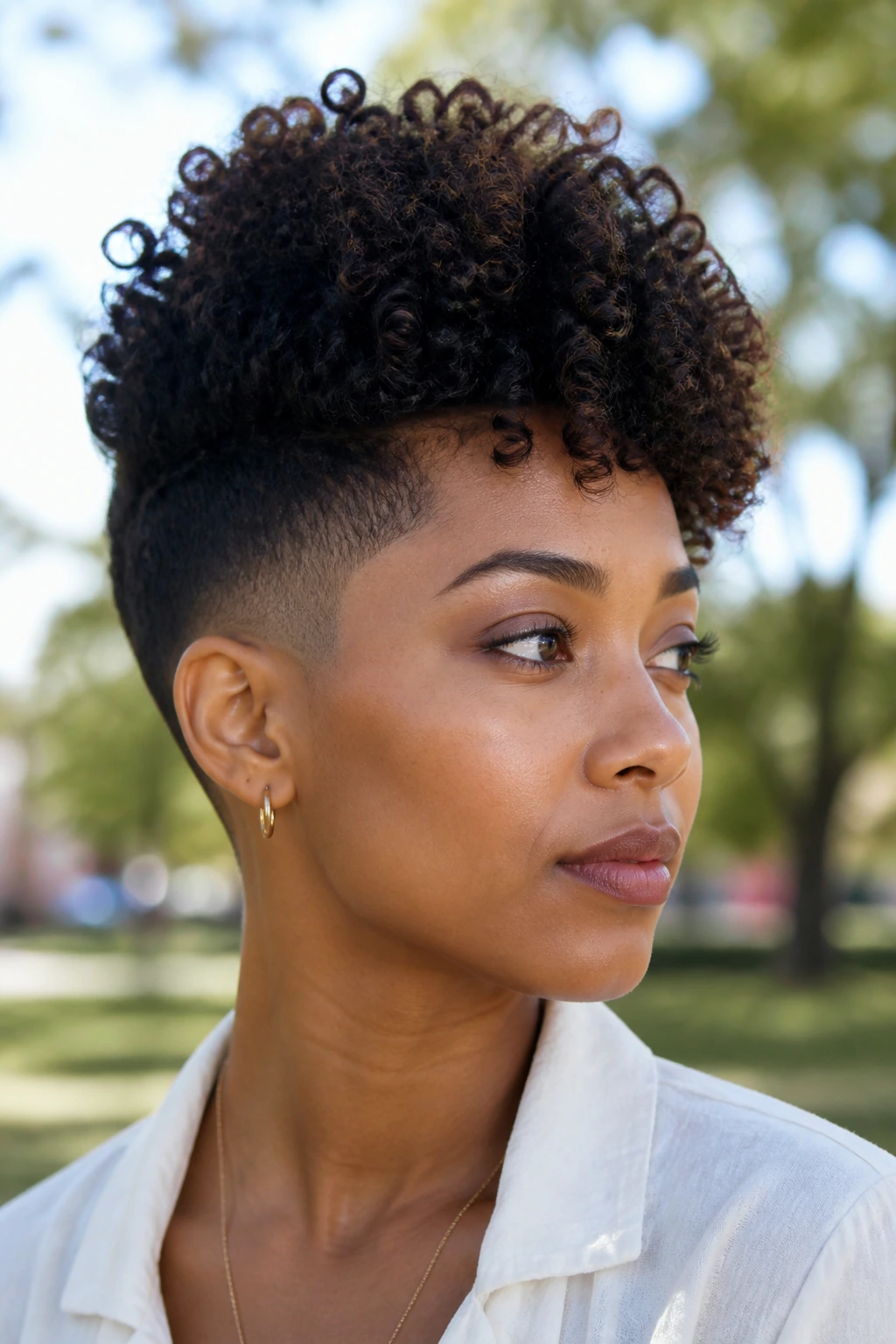 Close-up of a woman with a curly top fade and high-curled top.