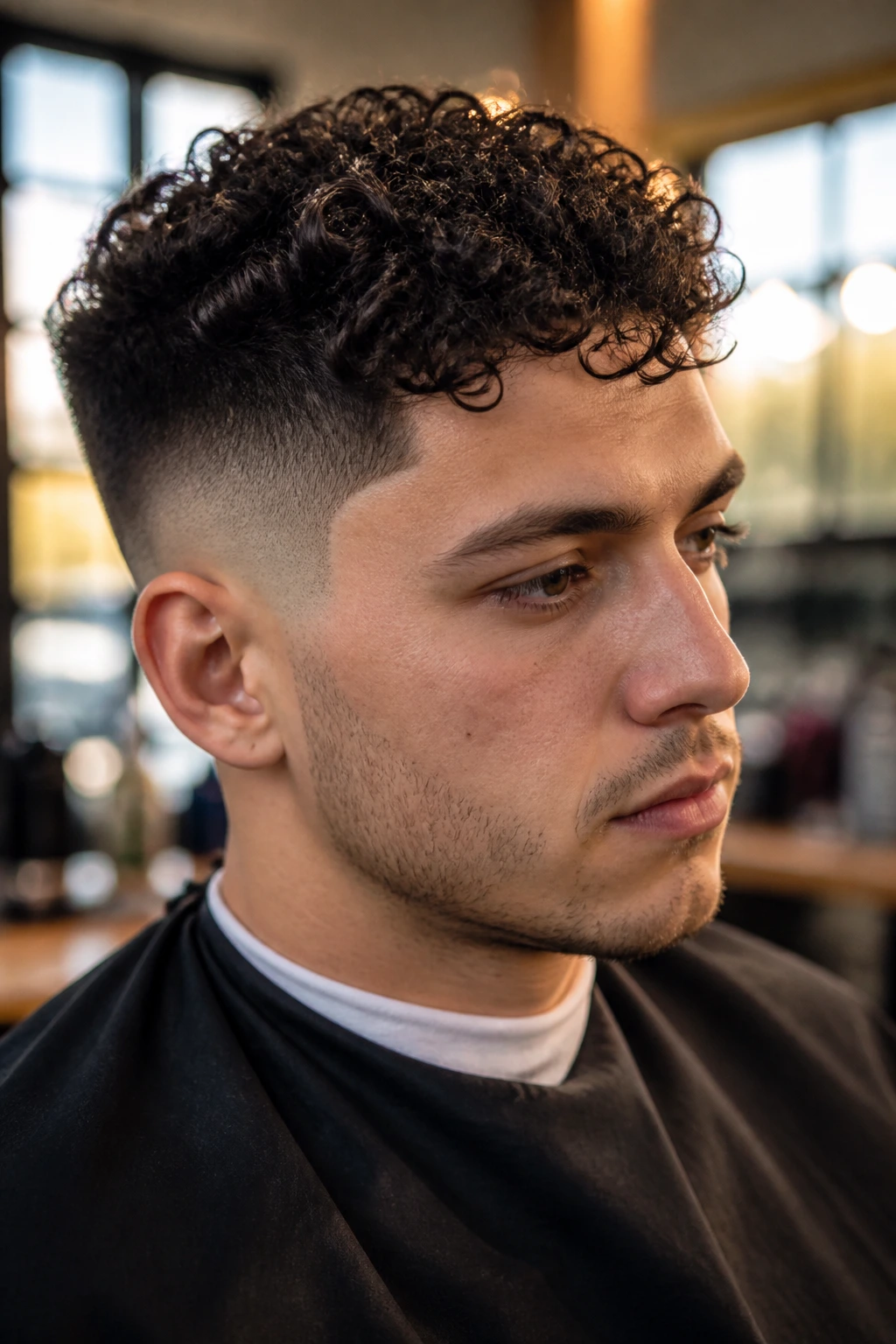 Close-up of a man showing Curly Top Fade hairstyle