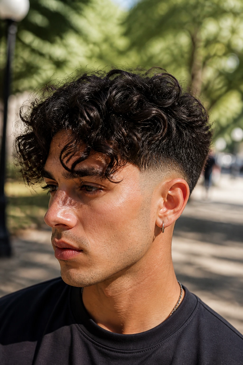 Close-up portrait of a real person with curly top fade and loose fringe curtains