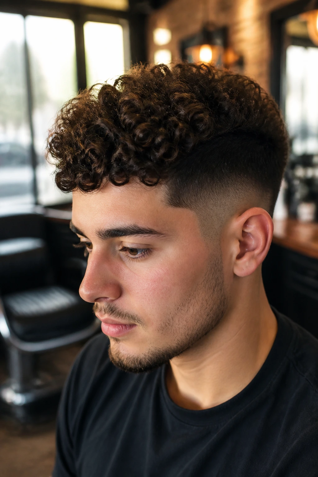 Close-up of a real man with curly top fade in a barbershop, warm lighting and curled crown details