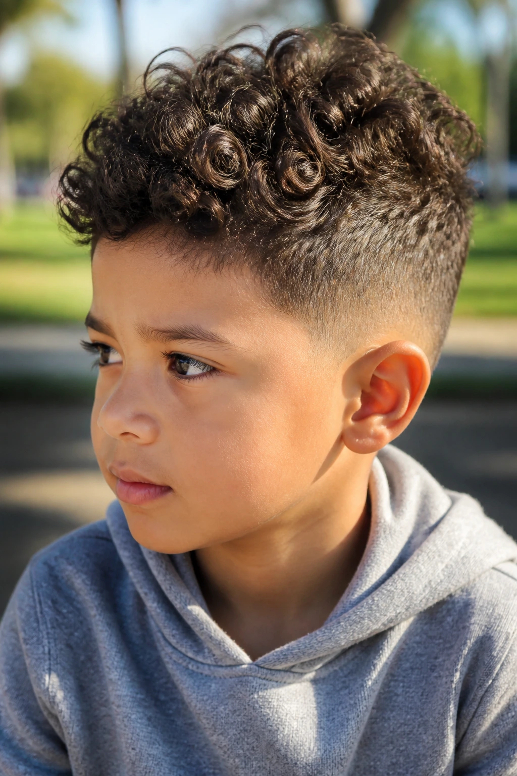 Portrait of real boy with curly top and tapered sides in a sunny park.