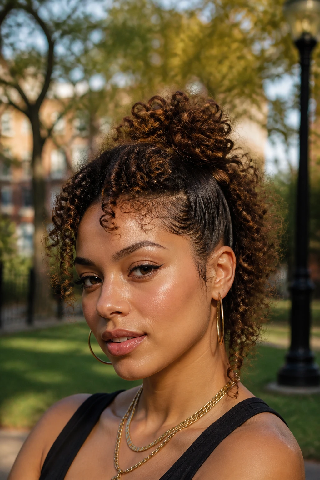 Close-up of a real person with Curly Top-Knot Faux Hawk in park lighting
