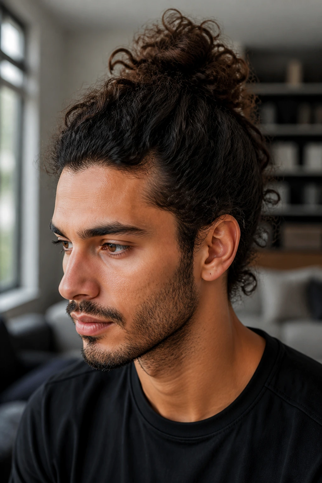 Close-up portrait of a man with curly top knot in soft indoor light