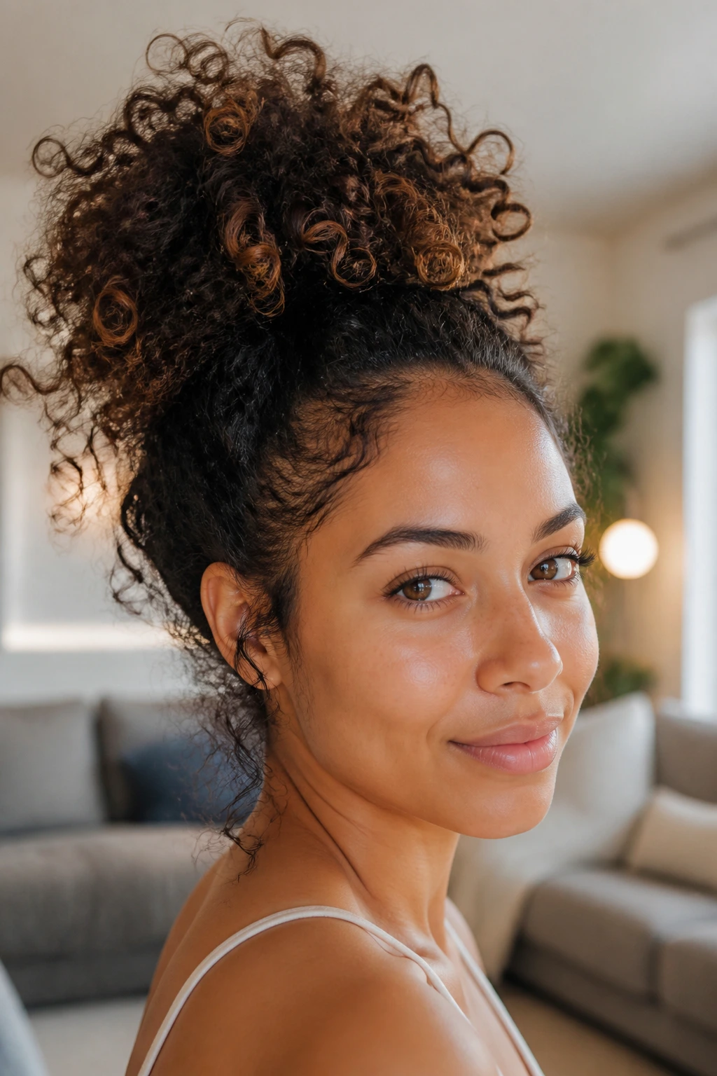 Close-up of a real woman with a high pineapple top knot in curly hair
