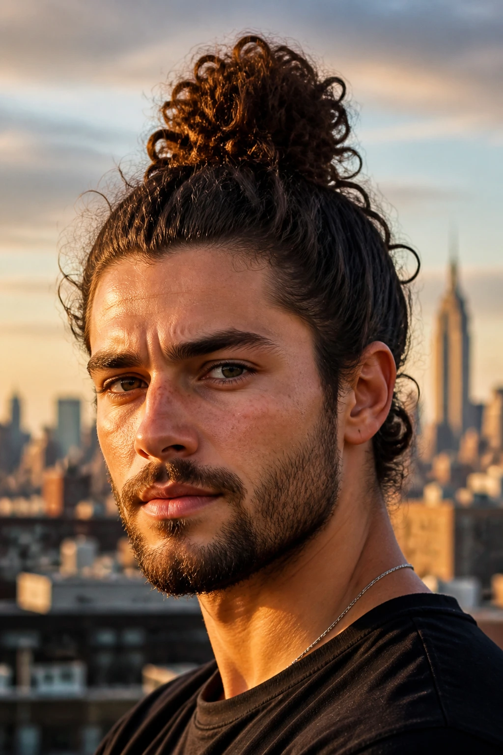 Portrait of man with a high curly top knot on a sunlit urban rooftop.