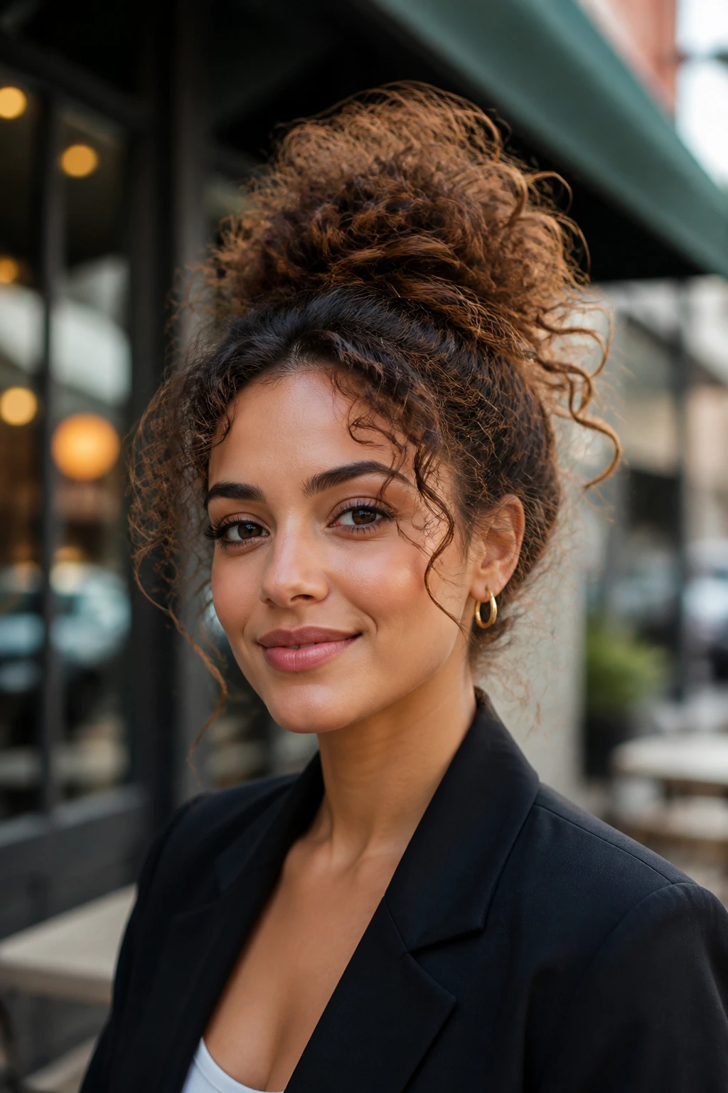 Woman with voluminous curly top knot