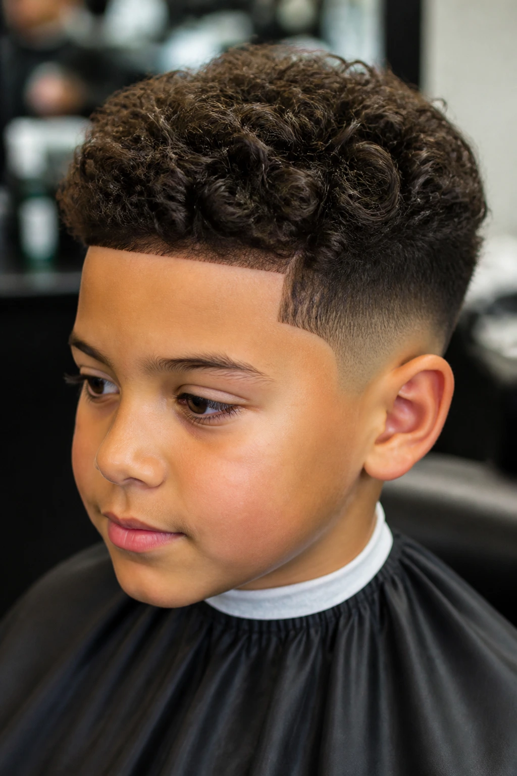 Close-up of a boy with curly top and line-up in barber shop