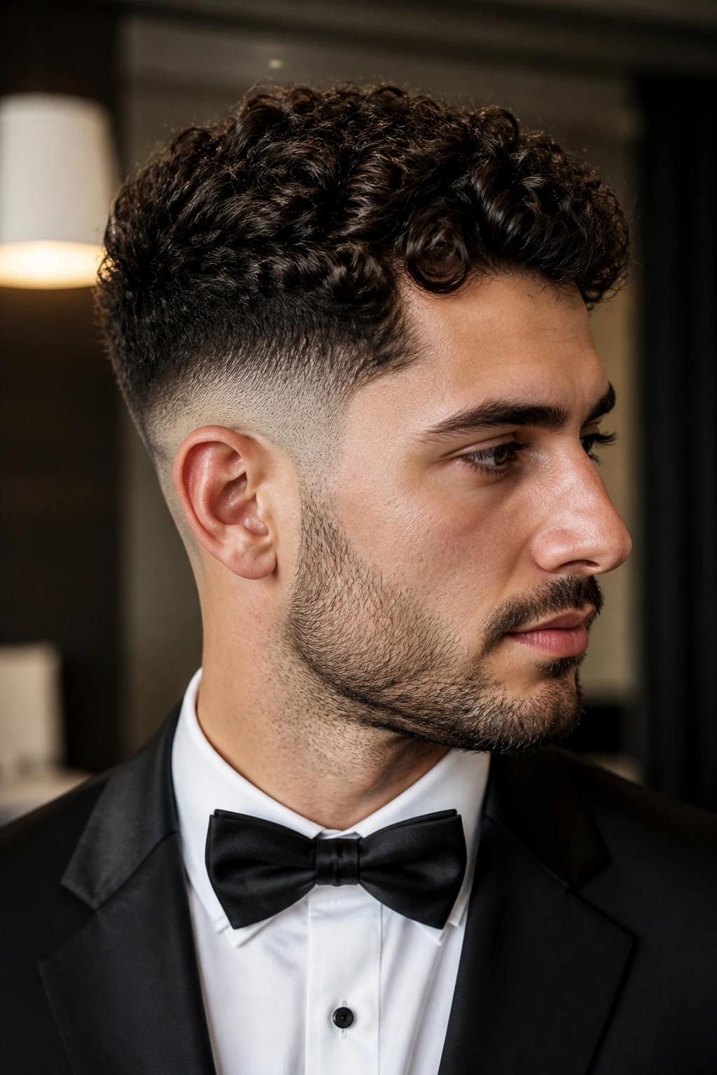 Close-up of man with curly top and low fade